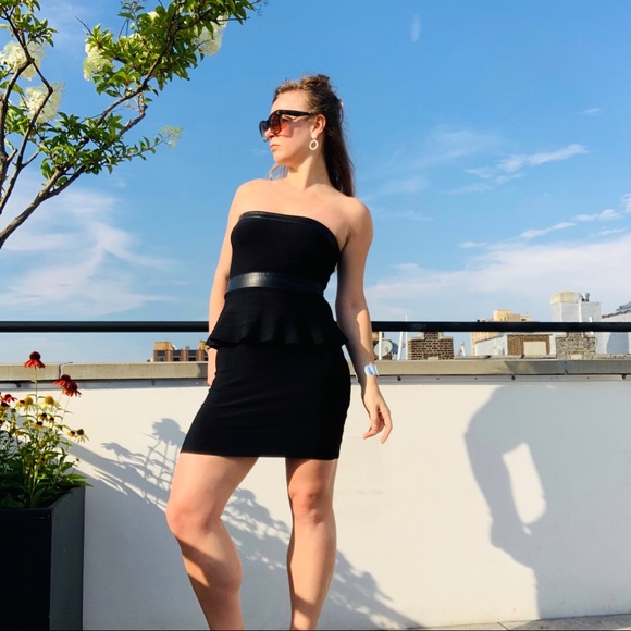 Bebe Strapless Bandage Leather Peplum BodyconDress - Picture 2 of 16